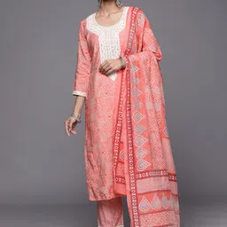 Libas Women Pink Bandhani Printed Mirror Work Lace Detail Kurta with Trousers & Dupatta-image-67