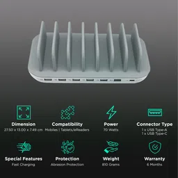 Soopii 70W Type A & Type C 7-Port Fast Charging Station (Type A to Type C, Type A to Micro USB & Type A to Lightning Cable, Quick Charge 3.0, White) image 2