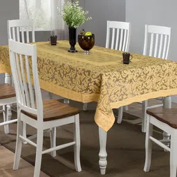 Kuber Industries Mustard Yellow & Brown Self Designed 6 Seater Cotton Table Cover-26