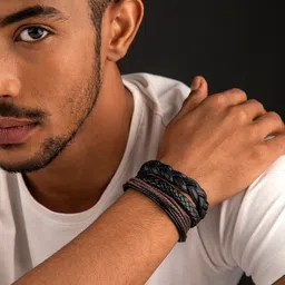 The Roadster Lifestyle Co Men Black & Brown Set Of 3 Layered Wraparound Bracelet-image-20