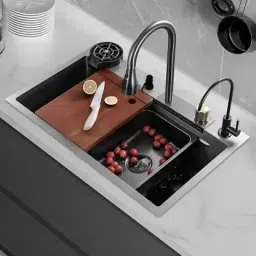 Kitchen Sink with Integrated Waterfall and Pull-down Faucets/304 Grade Stainless Steel Sink - Nano Black Finish (30 x 18 Inch) Under Counter Basin-image-13