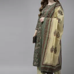 Yufta Women Green & Beige Floral Printed Pure Cotton Kurta with Palazzos & With Dupatta-picture-25