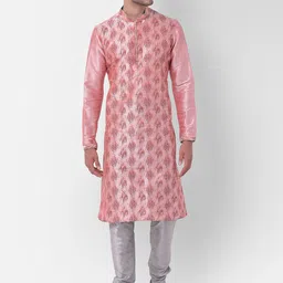 DEYANN Men Peach-Coloured & Grey Printed Regular Dupion Silk Kurta with Churidar image 3