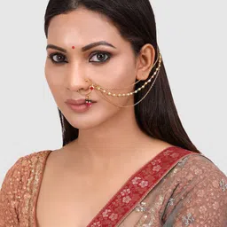 PENNY JEWELS Gold-Plated & Beige Faux Kempu Ruby & Kundan-Studded Handcrafted Vilandi Nose Ring-picture-17