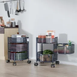 Pack of 2 Kitchen 2+1 Layer Storage Rack with Wheels | Round Shape - Dark Grey Iron Kitchen Trolley-image-53