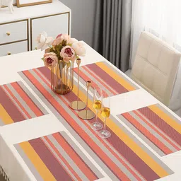 HOKIPO Orange & Maroon 5 Pieces Striped Table Placemats With Runner-28