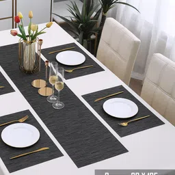 HOKIPO Black 5-Pieces Solid Rectangular Table Placemats & Table Runner image 5