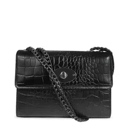 CALFNERO Black Textured Genuine Leather Structured Sling Bag-41