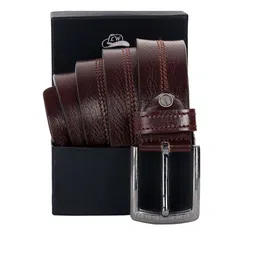 Leather World Men Brown Embellished Leather Formal Textured Belt-image-22