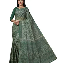 SHANVIKA Green & Cream-Coloured Floral Pure Cotton  Block Print Saree-2