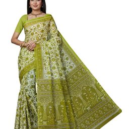 SHANVIKA Green & Cream-Coloured Floral Pure Cotton Block Print Saree-image-50