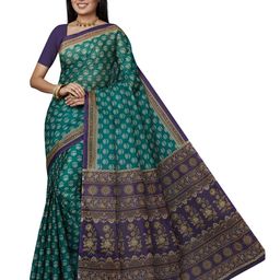 SHANVIKA Teal Green & Violet Ethnic Motifs Pure Cotton Block Print Saree-image-25