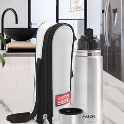 Milton Silver Flip Lid 350 Thermosteel 24 Hours Hot & Cold Water Bottle With Bag 350 ml-0