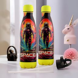 Kuber Industries Yellow & Black Set of 2 Stainless Steel Printed Smart Vacuum Water Bottle-91