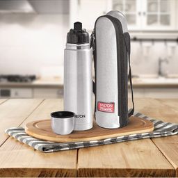 Milton Silver-Toned Flip Lid 1000 Thermosteel 24Hrs Hot & Cold Water Bottle With Bag 1L-19