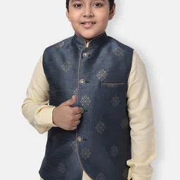 NAMASKAR Boys Grey Printed Pure Silk Nehru Jacket-27