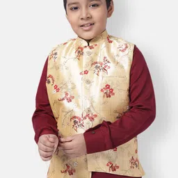 NAMASKAR Boys Gold Colored & Red Printed Pure Silk Nehru Jacket-19