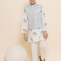 Aj DEZInES Boys Floral Printed Pure Cotton Kurta with Pyjamas & Nehru Jacket-12