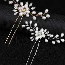 Yellow Chimes Women Silver-Toned Set of 2 Floral Bride Hair Pins-image-87