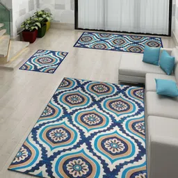 Athom Trendz Set of 3 Blue & Brown Ikat Printed Anti-Skid Doormat With Runner & Carpet-54