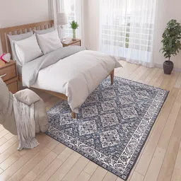 Status Blue & White Ethnic Printed Anti-Skid Rectangular Floor Carpet-50