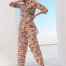 Boho By Athena Abstract Printed Linen Shirt With Trouser Co-Ords-image-2