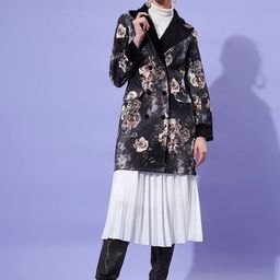 Athena Women Black Floral Printed Fur Notch Collar Overcoat-picture-10