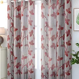 COMFY HOME Maroon & White 2 Pieces Floral Sheer Door Curtains-18