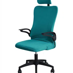 HOKIPO Teal-Blue Jacquard Stretchable Chair Cover with Headrest Cover-image-30