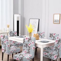 DECORIAN Set Of 6 Grey and Pink Floral Printed Chair Cover-3
