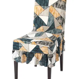HOKIPO Beige & Green Printed Stretchable Frill Chair Cover-image-33