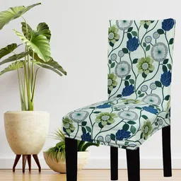 HOUSE OF QUIRK Set of 4 White & Teal Green Printed Chair Covers-91