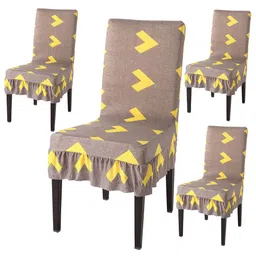 HOKIPO Brown & Yellow 4 Pieces Printed Stretchable Frill Chair Covers-image-31
