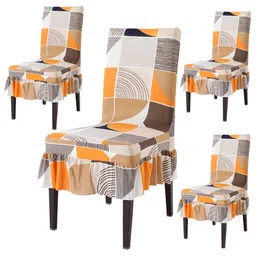 HOKIPO 4 Pieces Brown & Orange Printed Stretchable Frill Chair Covers-image-72