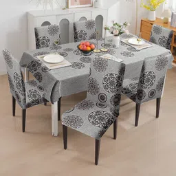 Cortina 7 Pcs Grey & Brown Printed Waterproof 1 Table Cover With 6 Dining Chair Covers-7