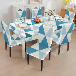 Cortina White & Blue 7 Pieces Geometric Waterproof Chair Covers & Table Cover-30