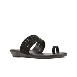 Bata Women Black Embellished One Toe Flats with Laser Cuts-28