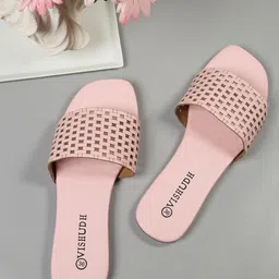 Vishudh Women Pink Textured Open Toe Flats with Laser Cuts-15