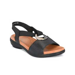 Delize Black Leather Party Comfort Sandals with Laser Cuts-51