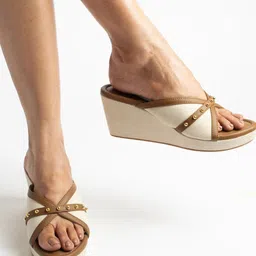 CAI Embellished Open Toe Rivet Canvas Wedge Heels image 5