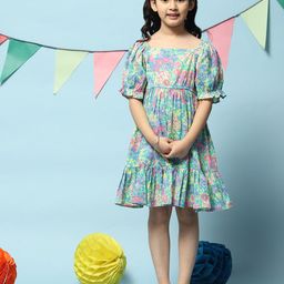 Biba Square Neck Puff Sleeves Floral Printed Cotton Dress-picture-30