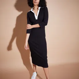 SASSAFRAS BASICS Self Design Shirt Collar Cotton Bodycon Midi Dress-image-37