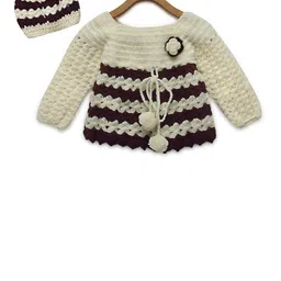 CHUTPUT Girls Cream & Coffee Brown Self Design Pure Wool Pullover-picture-24