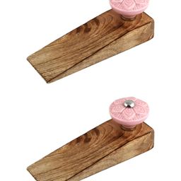 Indianshelf Brown & Pink 2 Pieces Floral Textured Wooden Door Stoppers-18