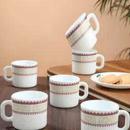 Larah by BOROSIL White & Red 6 Pieces Printed Opalware Matte Mugs-5