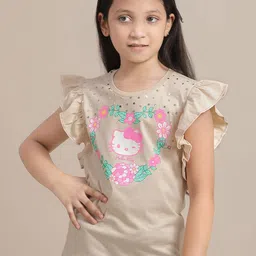 Kids Ville Girls Hello Kitty Printed Puff Sleeves Pure Cotton T-shirt-image-48