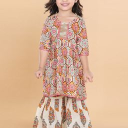 Aj DEZInES Girls Ethnic Motifs Printed Empire Pure Cotton Kurta with Sharara-image-3