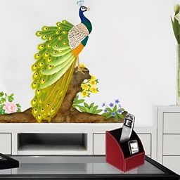 Asian royal Green & Brown Peacock Printed Self Adhesive Wall Sticker-0
