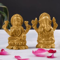 ecofynd Gold-Toned 2 Pieces Textured Lord Ganesha & Goddess Lakshmi Idol Showpieces-image-64