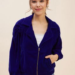 Antheaa Blue Lapel Collar Long Sleeves Velvet Bomber Jacket-14